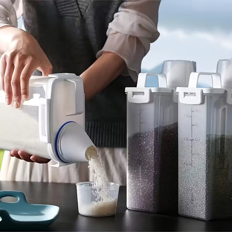 contenedor de almacenamiento de alimentos con    ; es a prueba de fugas y humedad, ideal para organizar  ,    ,   y arroz en la cocina;   en material pe   Detalles del producto 7