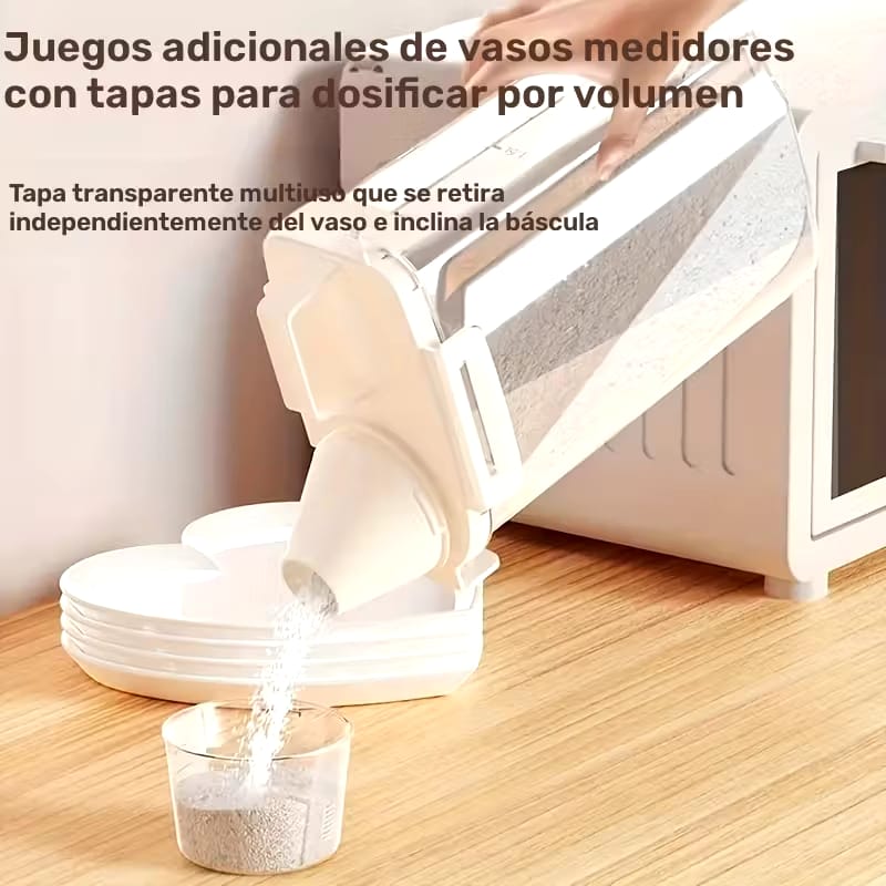 Contenedor de almacenamiento de alimentos con tapa hermética; es a prueba de fugas y humedad, ideal para organizar granos, frutos secos, harina y arroz en la cocina; fabricado en material PE 