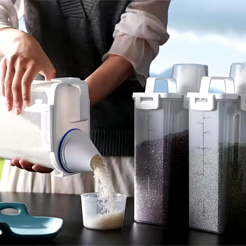 Contenedor de almacenamiento de alimentos con tapa hermética; es a prueba de fugas y humedad, ideal para organizar granos, frutos secos, harina y arroz en la cocina; fabricado en material PE 