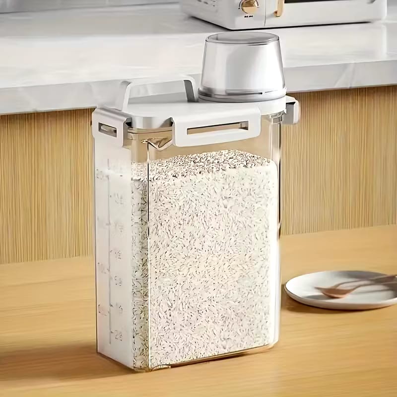 Contenedor de almacenamiento de alimentos con tapa hermética; es a prueba de fugas y humedad, ideal para organizar granos, frutos secos, harina y arroz en la cocina; fabricado en material PE 