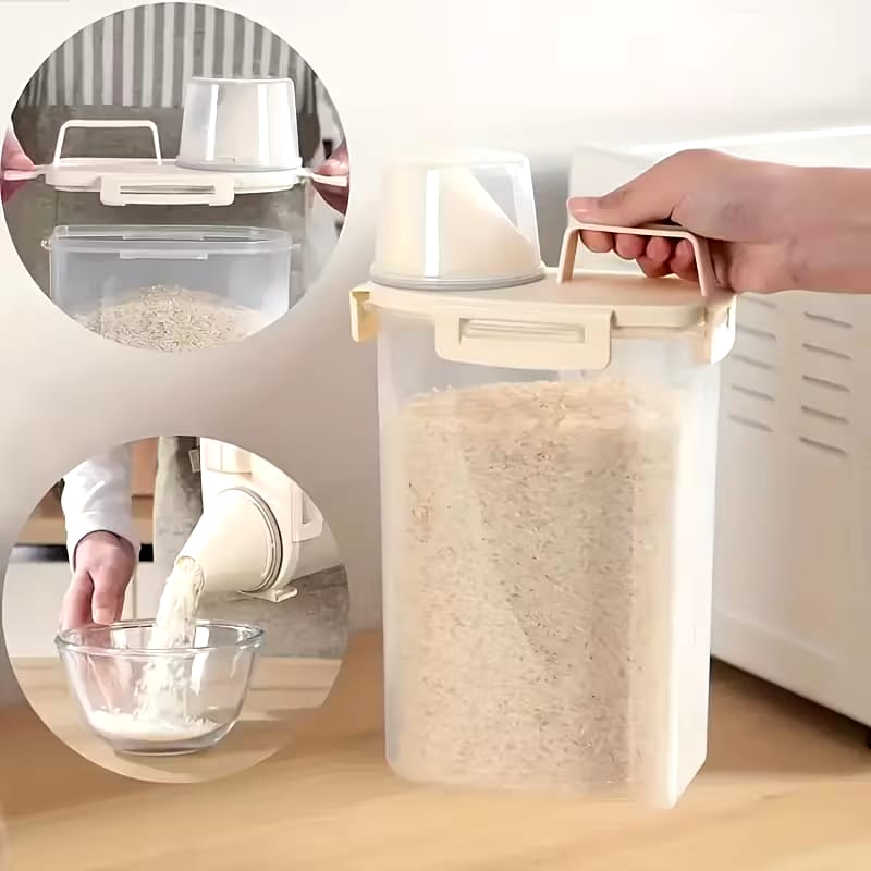 Contenedor de almacenamiento de alimentos con tapa hermética; es a prueba de fugas y humedad, ideal para organizar granos, frutos secos, harina y arroz en la cocina; fabricado en material PE 