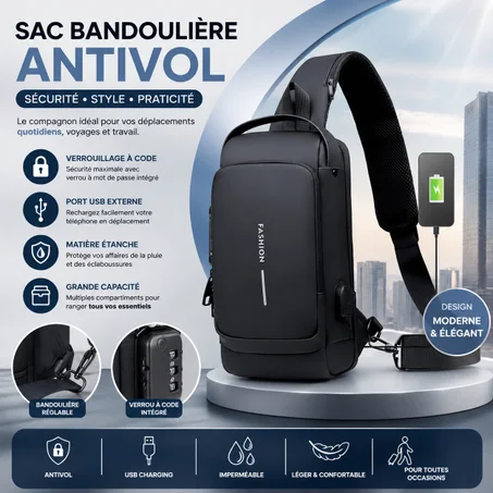 Sac Bandoulière Antivol USB avec Verrou à Code – حقيبة كتف رجالية مضادة للسرقة مع منفذ USB وقفل رقمي