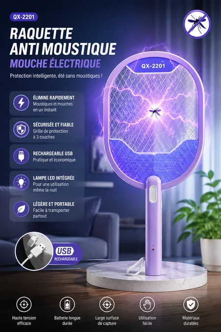 QX-2201 Raquette Anti Moustique Mouche Electrique USB - ضرب كهربائي للبعوض والذباب QX-2201 قابل للشحن USB | قاتل الحشرات الكهربائي