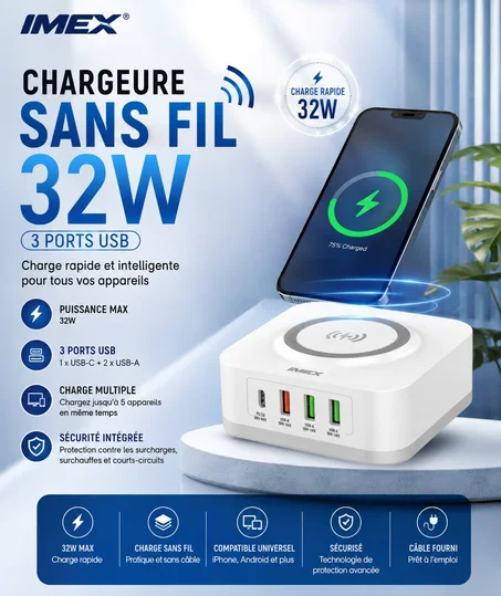 Chargeur Sans Fil IMEX 32W – شحن سريع وذكي حتى 5 أجهزة فـ نفس الوقت