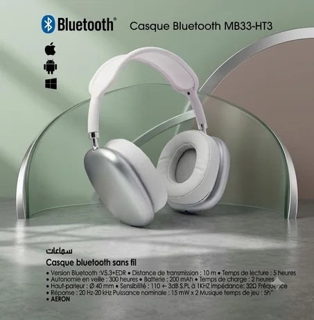 Casque Bluetooth MB33-HT3 Sans Fil – Bluetooth 5.3, Son HD, Compatible Android & iPhone (Witht)-سماعة بلوتوث MB33-HT3 لاسلكية – Bluetooth 5.3