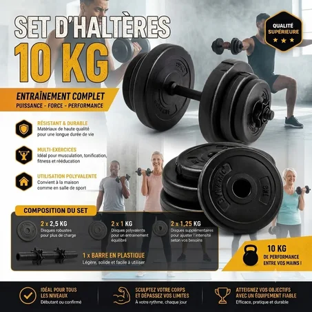 Kit Haltères 10KG Réglable – طقم متكامل للعضلات والـ Fitness في المنزل
