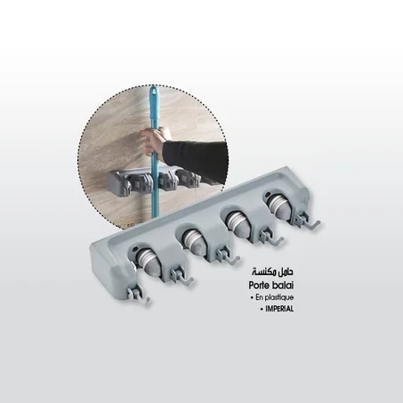 Porte Balais Mural - 34 x 13 x 6 cm contient 4 crochets et 4 supports