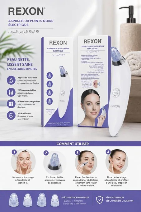 REXON Aspirateur Points Noirs Électrique – Nettoyeur de Pores Visage | 4 Embouts | 2 Vitesses | Peau Nette en Quelques Minutes
