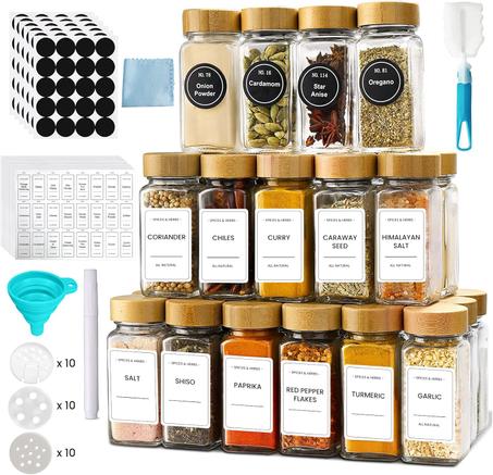 مجموعة برطمانات توابل فارغة من الزجاج بتصميم مربع سعة 4 اونصة مزودة باغطية من الخيزران و مكونة من 24 قطعة