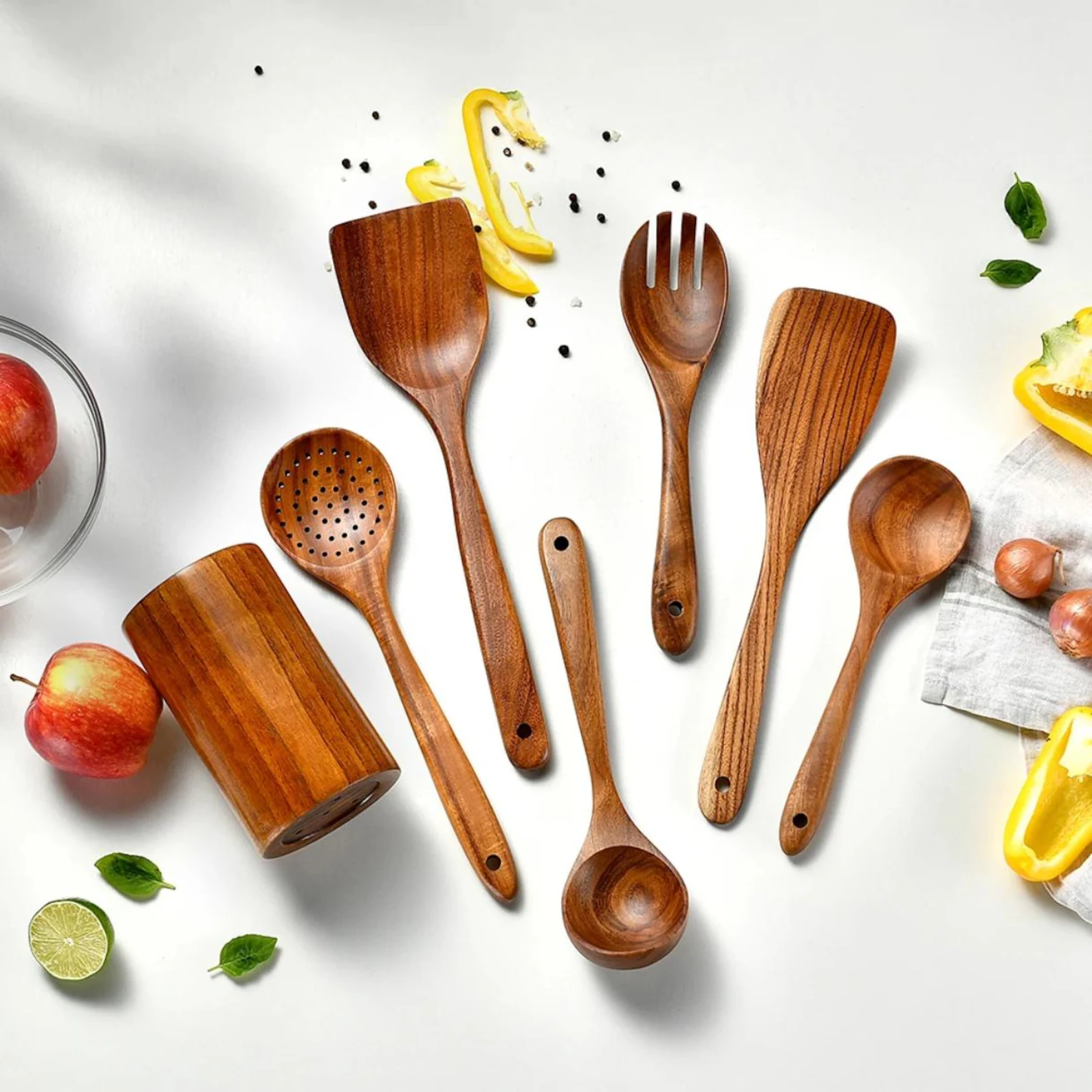 طقم أدوات مطبخ من خشب الأكاسيا مع حامل – أدوات مطبخ طبيعية