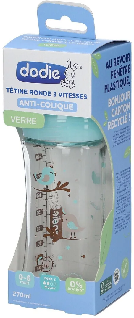 DODIE BIBERON INITIATION VERRE ANTI-COLIQUE VERT OISEAUX 0-6MOIS TETINE RONDE 3 VITESSES 270ML