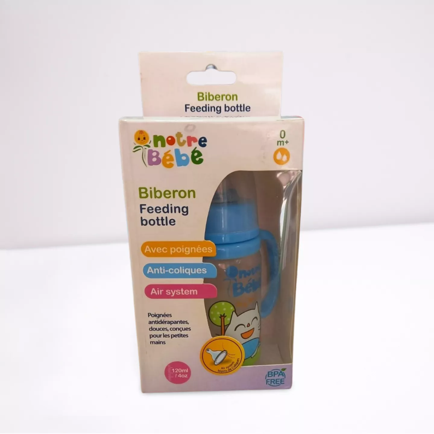 NOTRE BEBE BIBERON AVEC POIGNEES 120ML +0MOIS REF NB180 bleu