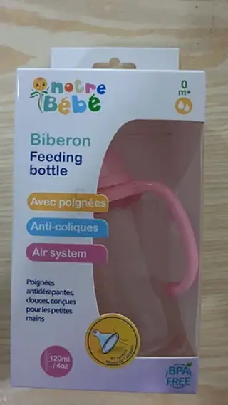 NOTRE BEBE BIBERON AVEC POIGNEES 120ML +0MOIS REF NB180 Rose