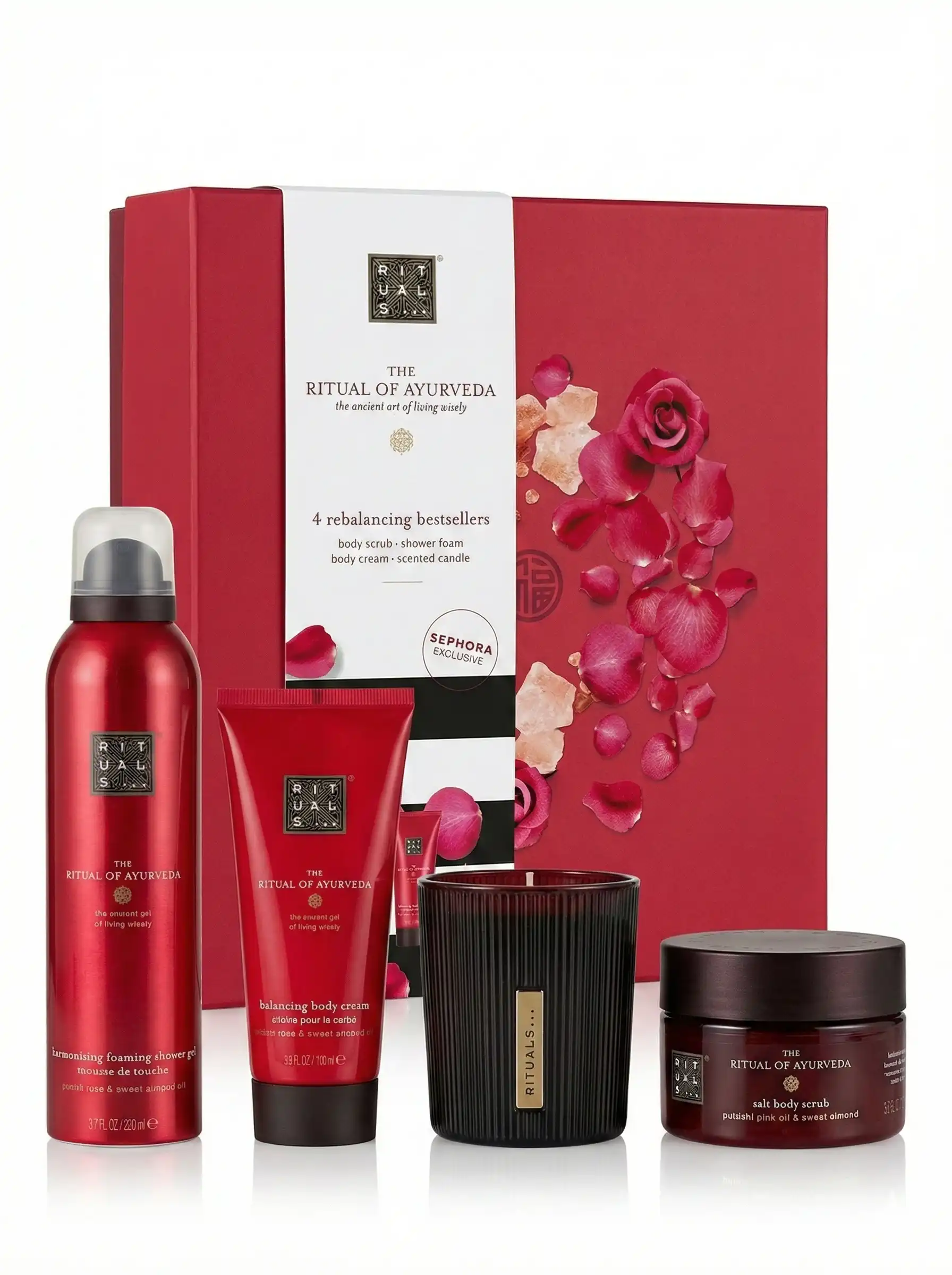 RITUALS COFFRET THE RITUAL OF AYURVEDA 4 REBALANCING BESTSELLERS SALT BODY SCRUB 125G + FOAMING SHOWER GEL 200ML + BODY CREAM 100ML + SCENTED CANDLE 140G