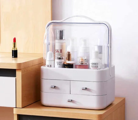 صندوق تخزين مستحضرات التجميل وتنظيم المكياج مزود بأدراج ومقبض للحمل
