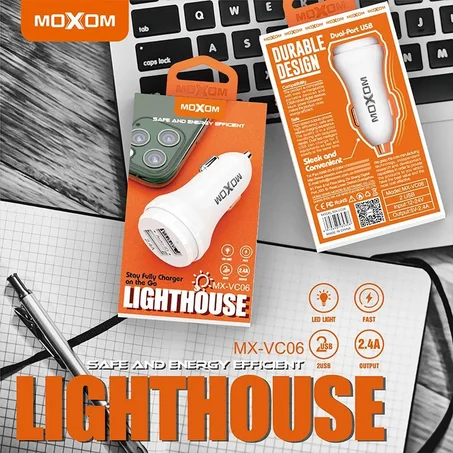 شاحن سيارة MX-VC06 موكسوم منفذين شحن سريع 2.4A مع اضاءة ضمان لمدة عام VC06 MOXOM MX-VC06 cheapest car charger