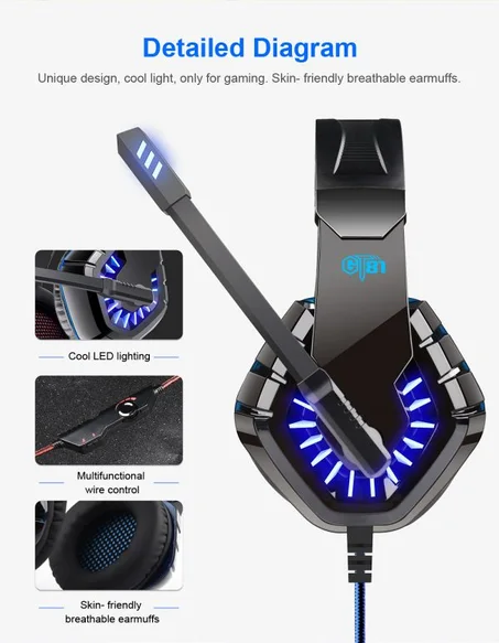 OVLENG GT82 7.1 Led GAMING Headset With Noise Cancelling Microphone For Mobile / Tablet/ PS4 / PS5 And PC – Blue جديد و حصري