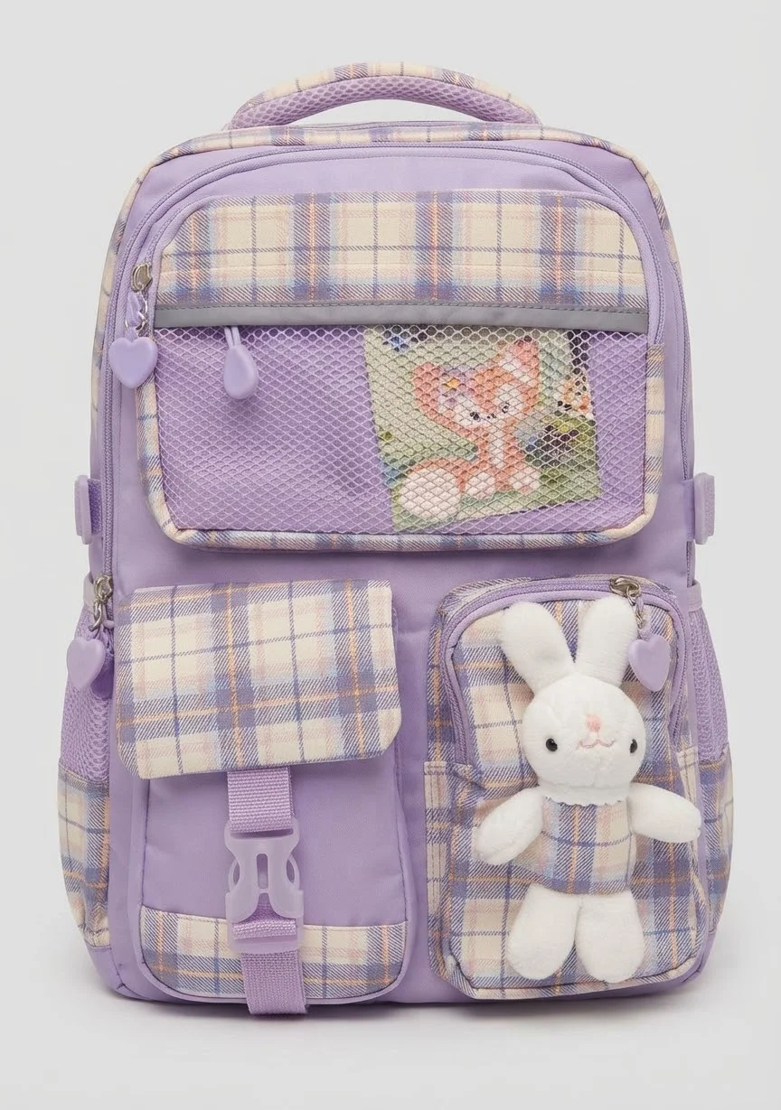 Cartable fille a carreaux avec peluche - Premium