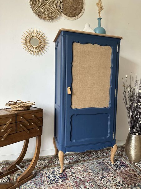 Valentin. Meuble d'appoint bleu et jute VENDU