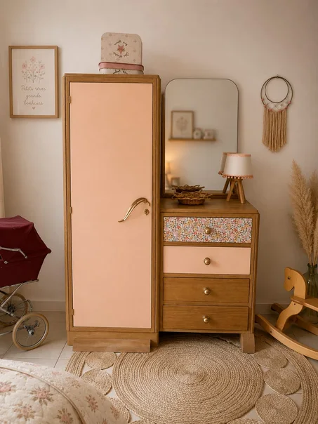 Flavie. Armoire vintage asymétrique fleurie en chêne & beige rosé poudré