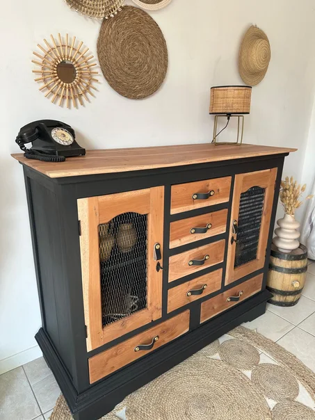 Buffet bas style industriel grillagé noir et bois brut ❌Adopté❌