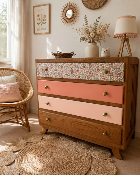 Rosaline. Commode vintage fleurie bois naturel & rose poudré