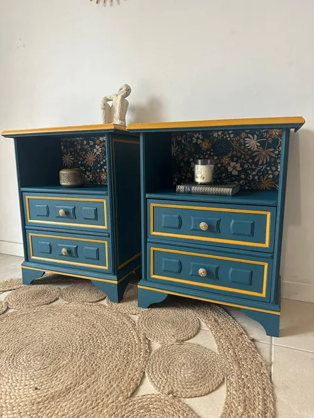 Gabin & Marais. Paire de chevets bleu canard et jaune ocre ❌Adoptés❌