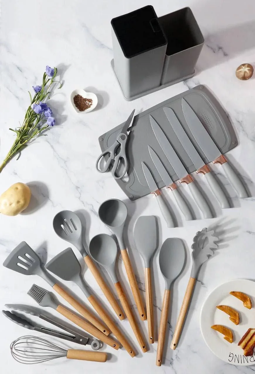 Set de 19 Ustensiles de Cuisine en Silicone – Kit Chef & Camping