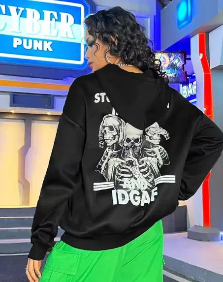 لعصرية الجمجمة طباعة هودي أنثى موضة الهيب هوب الشارع Crewneck البلوز خمر المعتاد مقنعين فضفاض ملابس رياضية غير رسمية
