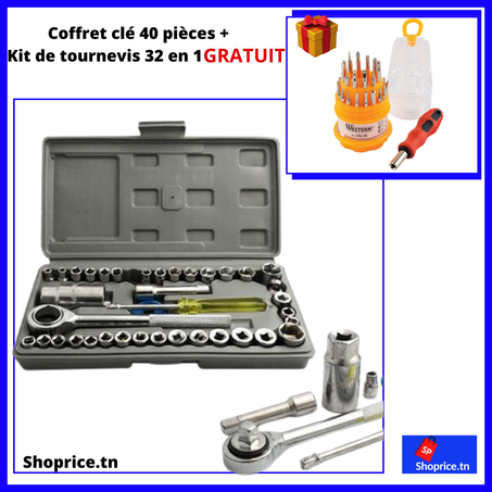Coffret clés douilles 40 pièces + kit de tournevis 32 en 1