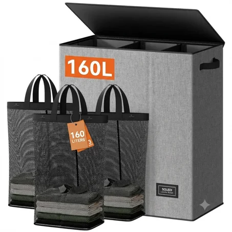 Panier a Linge avec Couvercle, 160L avec 3 sac linge