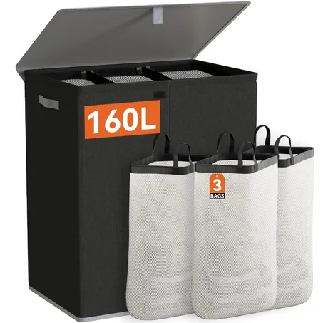 Panier a Linge avec Couvercle, 160L avec 3 sac linge