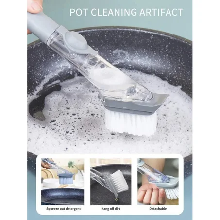 فرشاة الأطباق والتنظيف مع مقبض موزع صابون سائل قابل لإعادة الاستخدام + إسفنجة تنظيف قابلة للاستبدالغسلBrosse à vaisselle + Eponge de nettoyage
