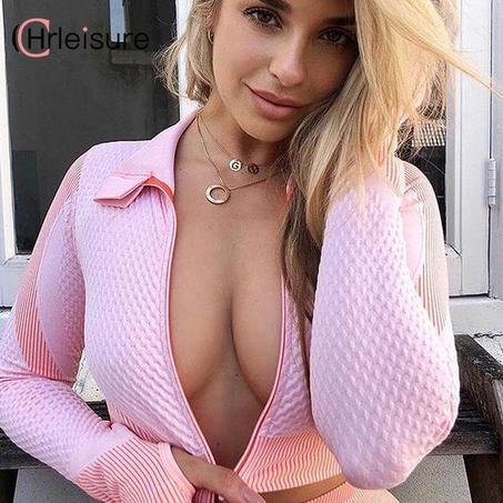 2-piece set with zipper, for women, tracksuit with cropped top with long sleeves, push-up, sexy patchwork effect leggings