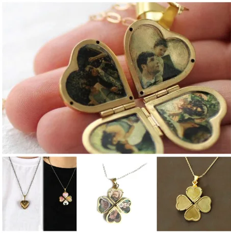Multilayer Heart Clover Photo Locket Folding Necklace
