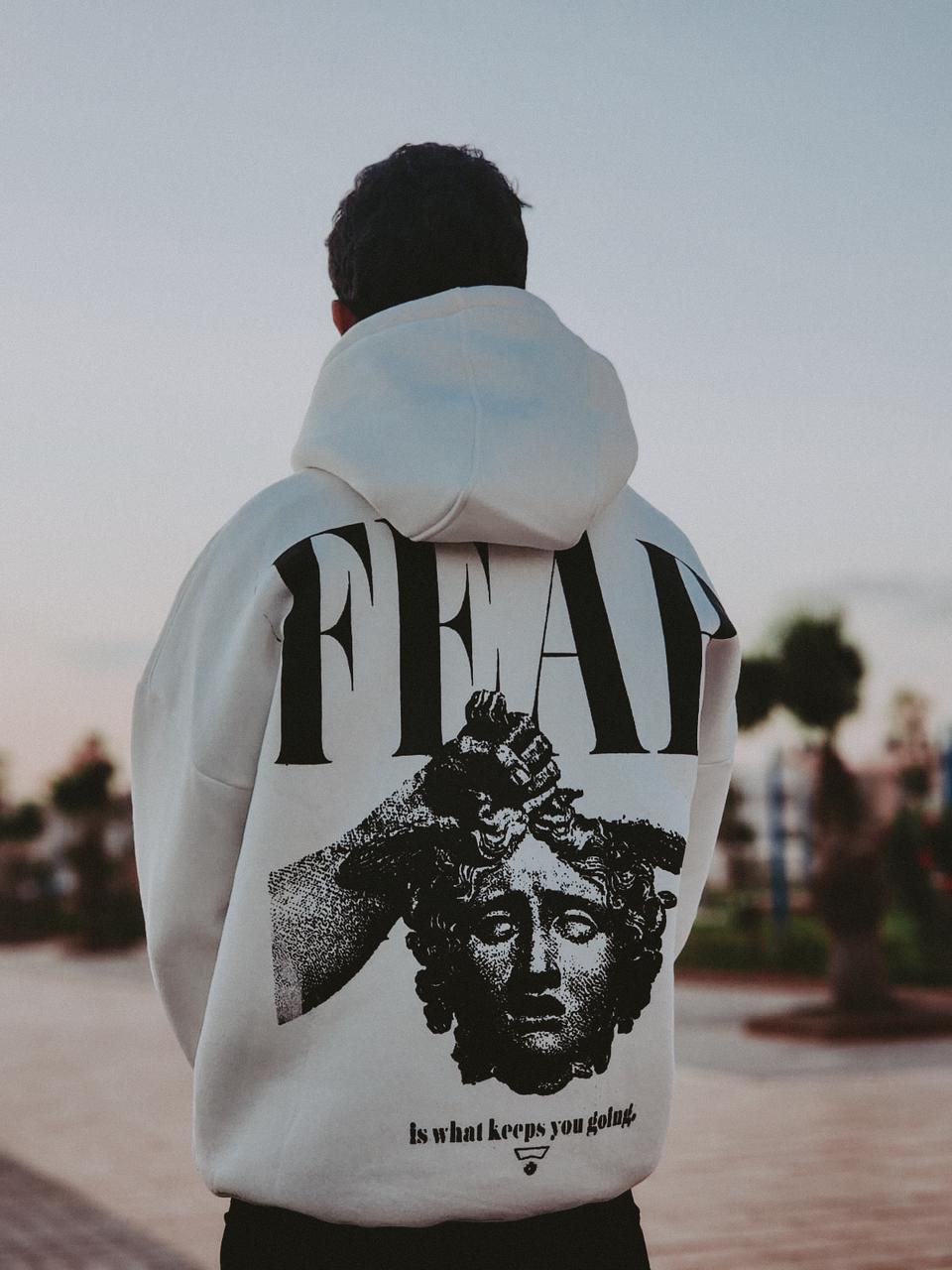 FEAR Statement Hoodie – White and black