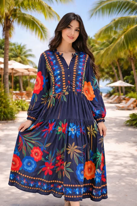 فستان ماكسي مزهر بتصميم راقي بألوان جذابة