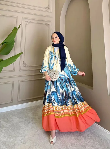 Robe Longue Tropicale Premium – Bleu Marine & Corail | Collection Turquier