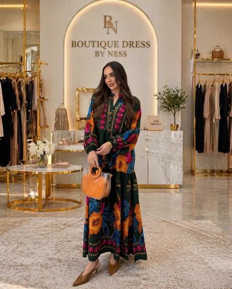 فستان ماكسي مزهر بتصميم راقي – أخضر بألوان جذابة