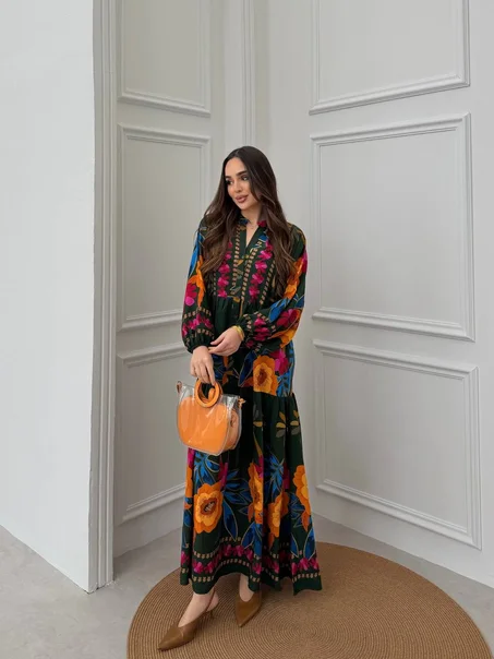 فستان ماكسي مزهر بتصميم راقي – أخضر بألوان جذابة