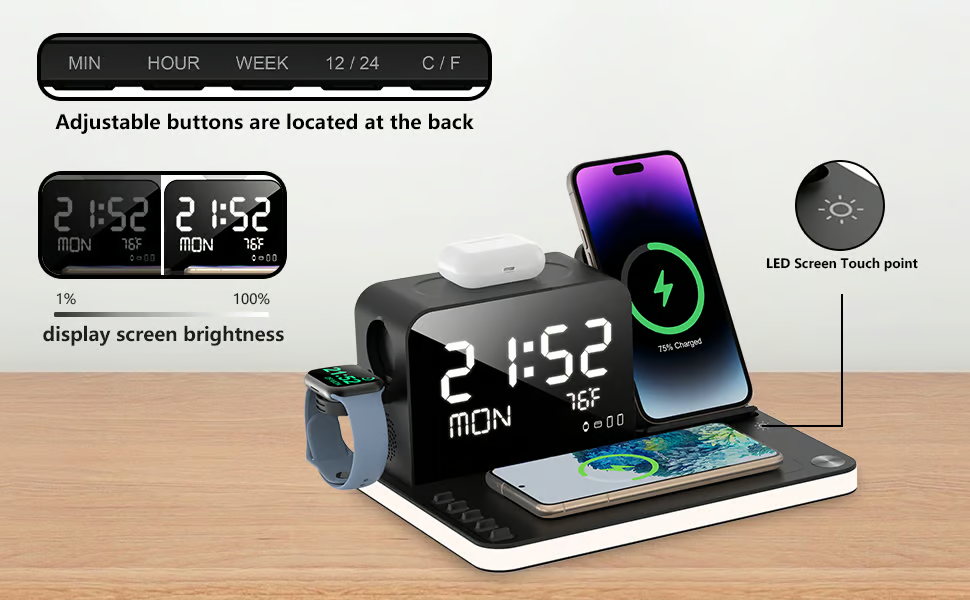 BezosMax charging station with clock for iphone/iwatch/earbuds