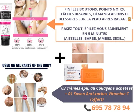 Crème Épilatoire au Collagène + Savon Anti-taches à la Vitamine C /    Hair Removal cream + Anti-stain with Vitamin C Soap