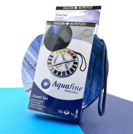 Set de voyage d'aquarelle Aquafine Daler-Rowney 18 demi-godetset un mini pinceau.