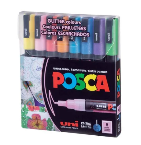 ensemble de marqueurs Posca est un coffret de 8 marqueurs peinture à base d'eau PC-3ML à paillettes.