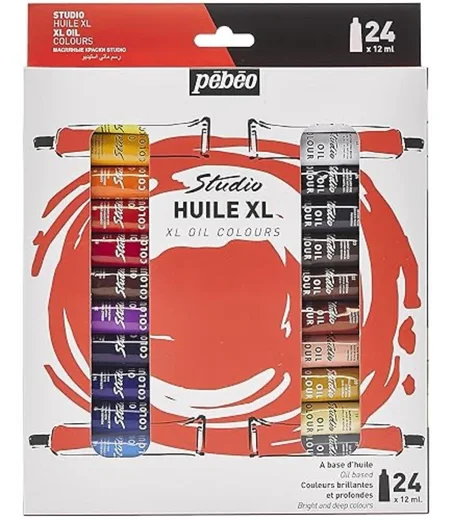 assortiment de peinture à l'huile fine Studio Huile XL de Pébéo, composé de 24 tubes de 12 ml.