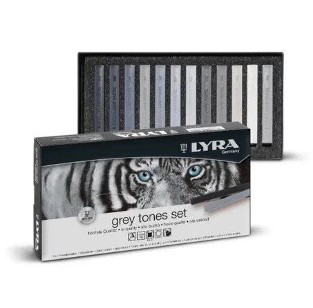 coffret Lyra Grey Tones Set, qui contient 12 pastels durs de haute qualité dans des nuances de gris froids et chauds