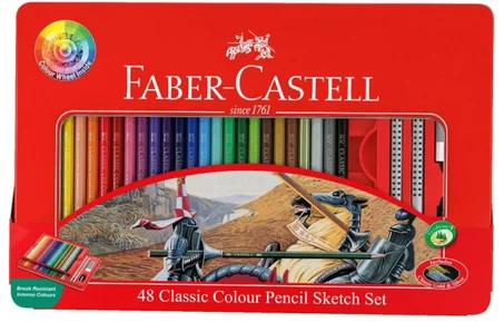 ensemble de 48 crayons de couleur classiques Faber-Castell dans une boîte en métal.
