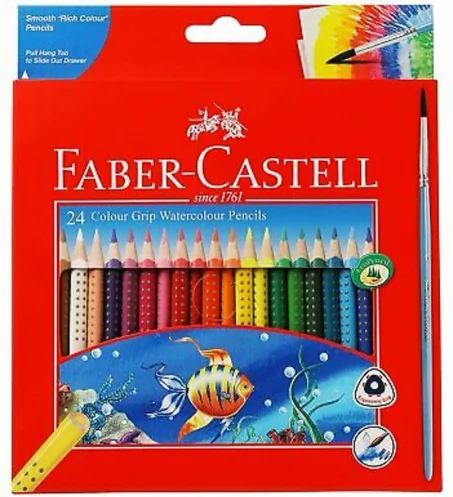 24 crayons aquarelle Colour Grip Faber-Castell avec un pinceau inclus.