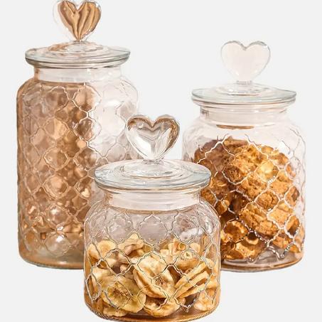 سكرية من 3 قطع زجاجية شفافة محكمة الإغلاق بغطاء على شكل قلب، صندوق تخزين طعام دائري قابل لإعادة الاستخدام