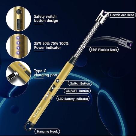 ولاعة كهربائية قابلة لإعادة الشحن، ولاعة بلازما بدون لهب، ولاعة لهب طويلة مع شاشة عرض ذكية للبطارية، مثالية للتخييم والمطبخ والاستخدام المنزلي